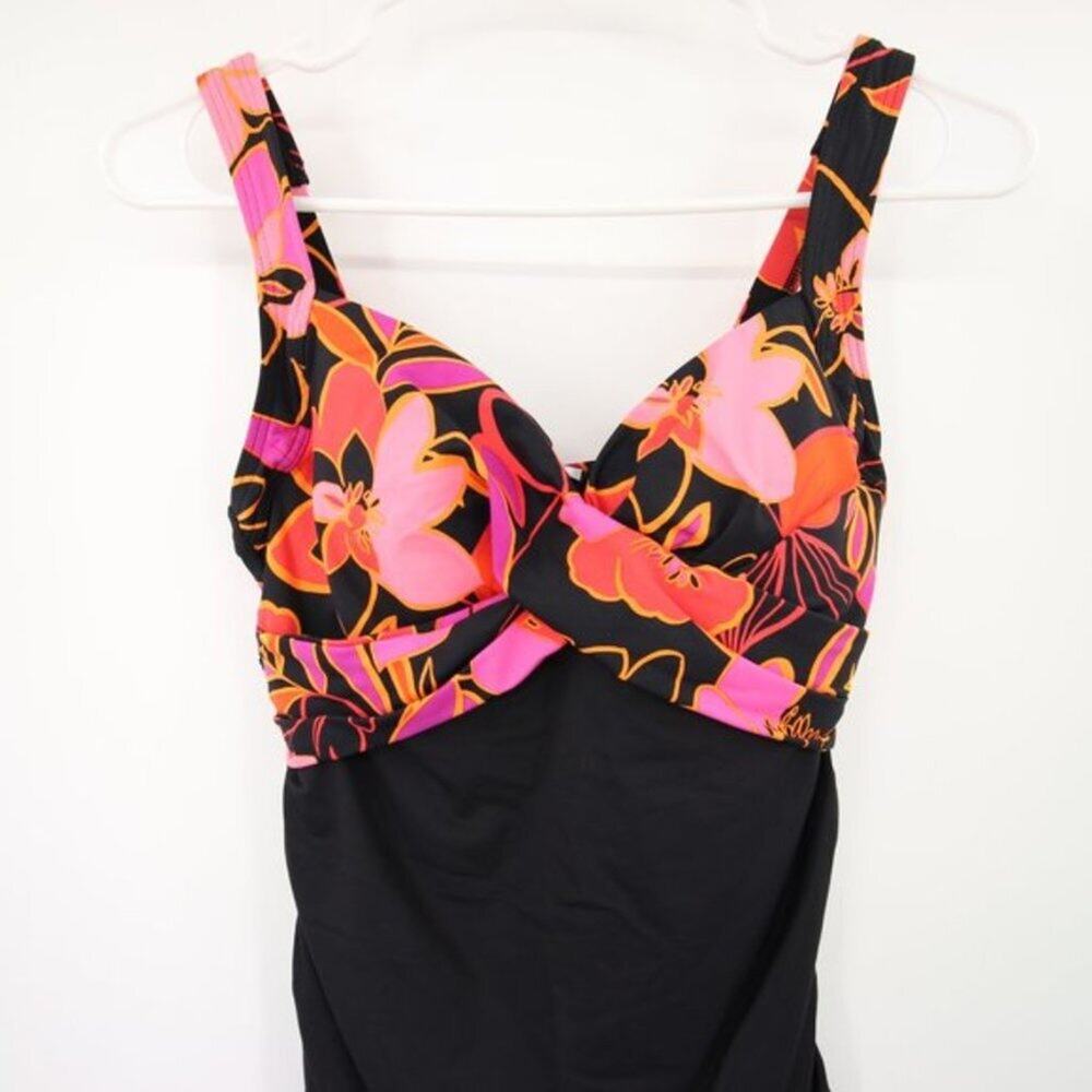 Lands End Black Pink Floral Criss Cross Twist Swim Tankini Top Size 4 D NWOT - Picture 2 of 8